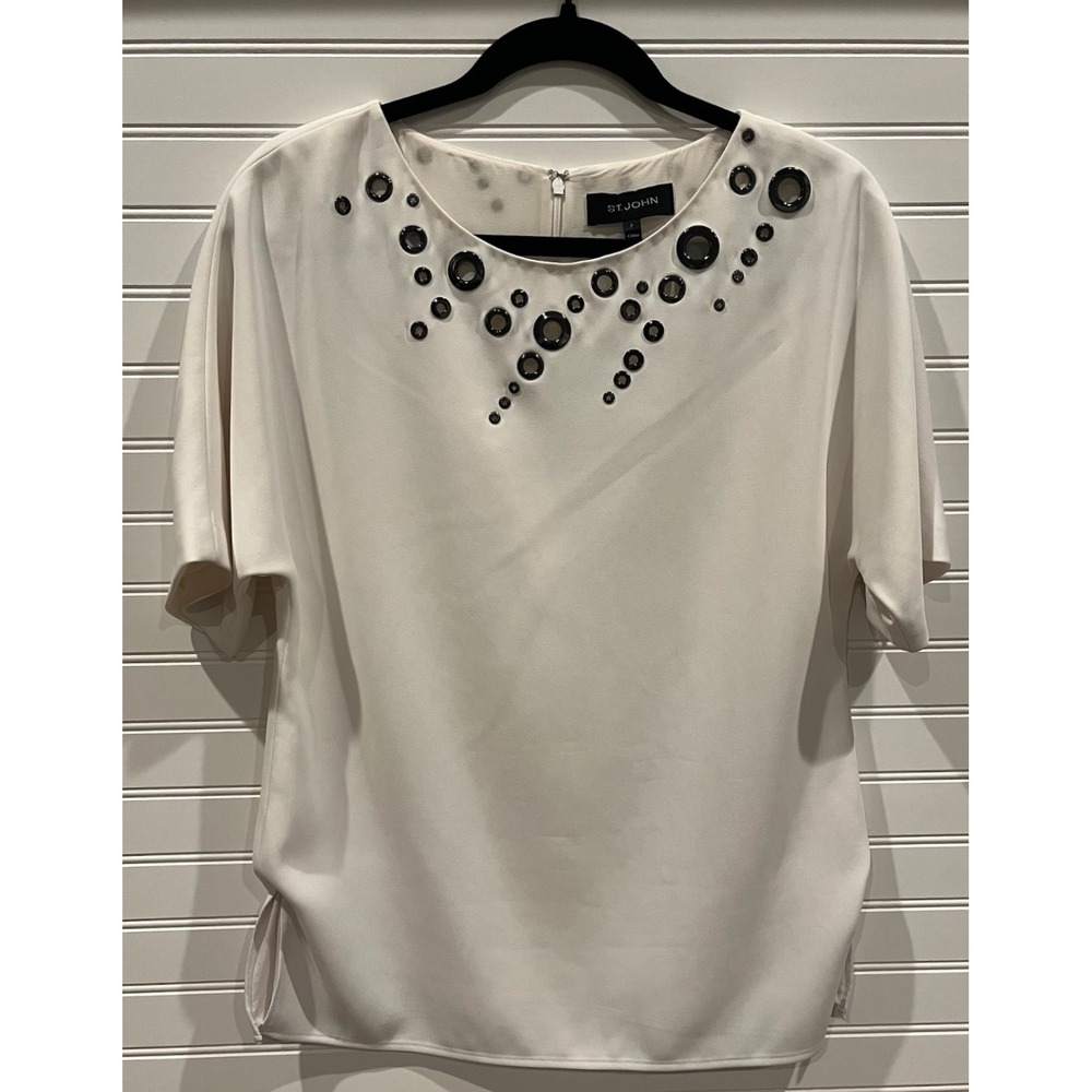 St. John Knits Bianco‎ Beige Stretch Cady Grommet Embellished Blouse Womens P